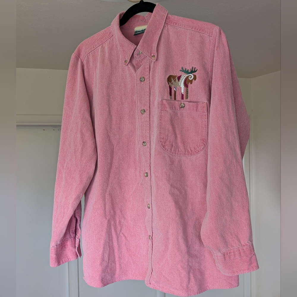 Coldwater Creek Pink Casual Button Down Shirt with Moose Embroidery LARGE